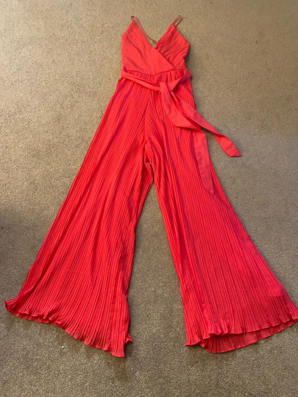 Sleeveless Hot Pink Pleated V-Neck Jumpsuit with Waist Tie